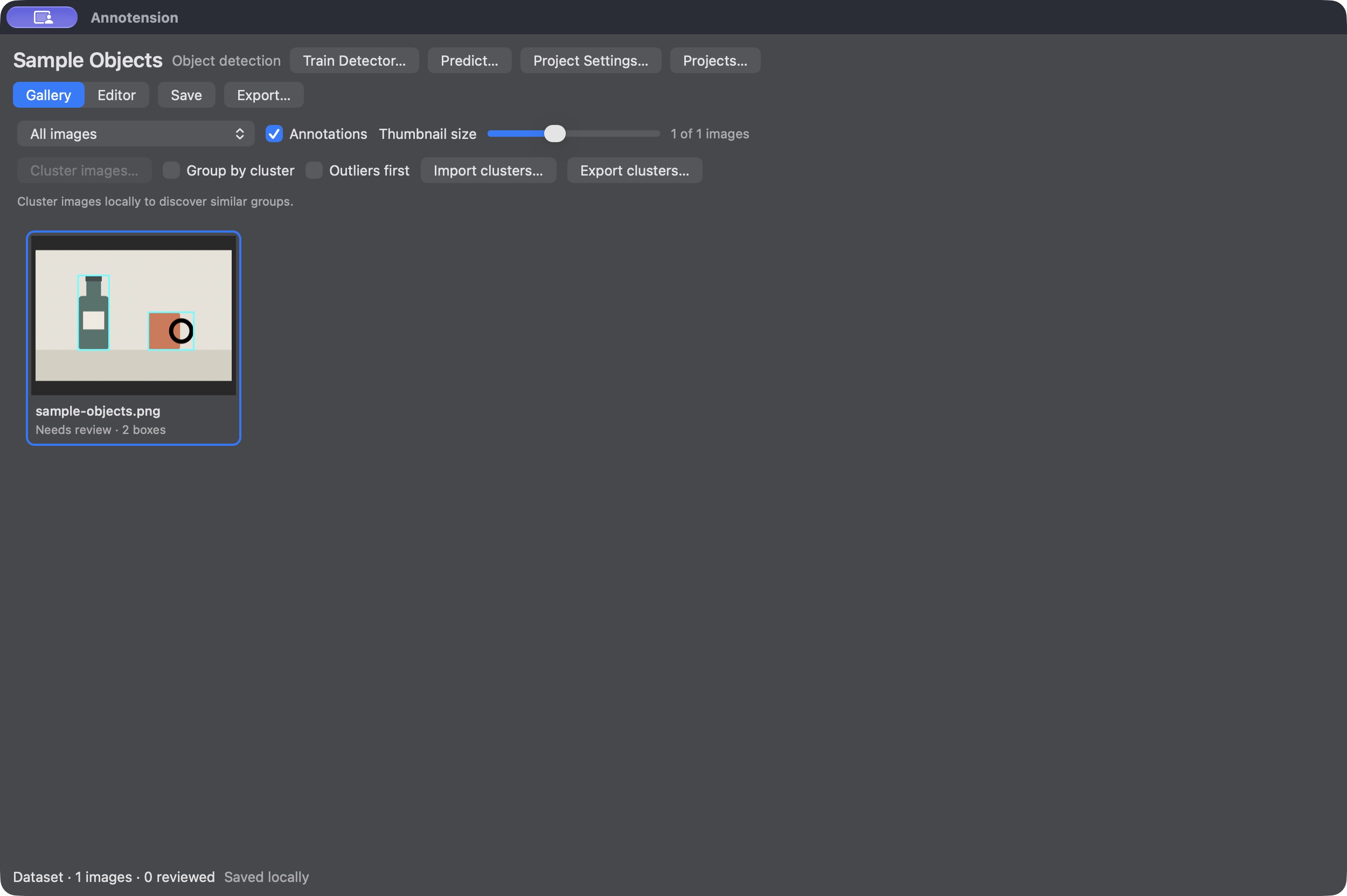 Annotension gallery showing Sample Objects and its image review status.